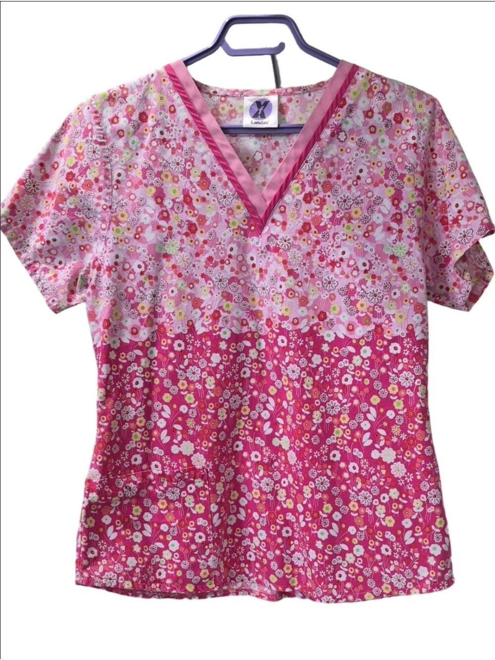 Landau Floral V-Neck Scrub Top Pink Gradient Print